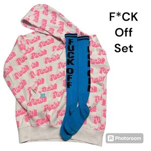 Salem7 Fu[k Hoodie Swearshirt F*CK Off Socks Women’s Sz Small Bundle Barbie Teal